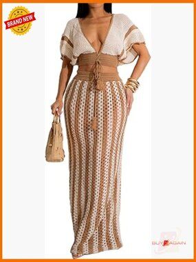 Crochet Crop Top and Striped Maxi Skirt 2 Piece Set
